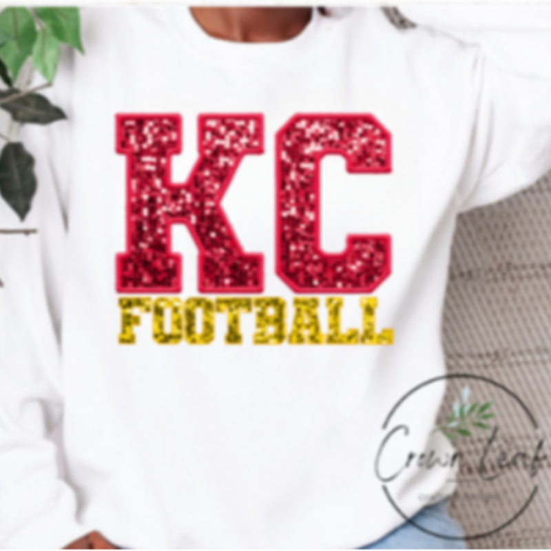 KC Football Faux Embroidery and Sequin [White Gildan Softstyle Tee, Gildan Crewneck Sweatshirt or Hoodie] Main Image